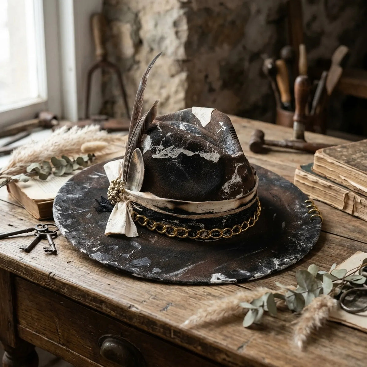 Distressed Brown Felt Western Hat with White Splatter Paint