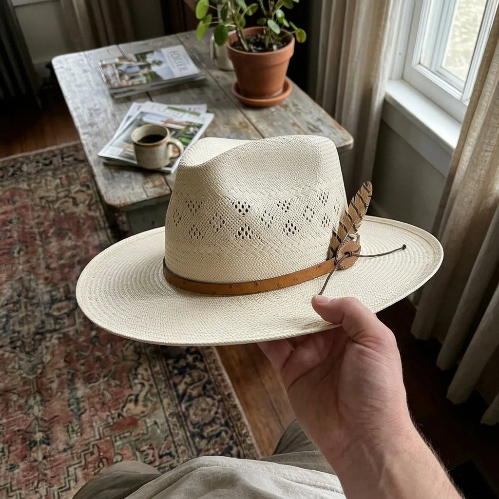Ivory Straw Panama Hat with Perforated Crown and Feather Accent