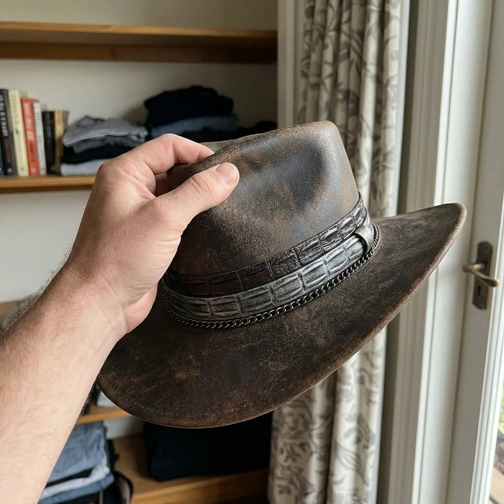 Distressed Brown Leather Cowboy Hat with Chain Accent Band
