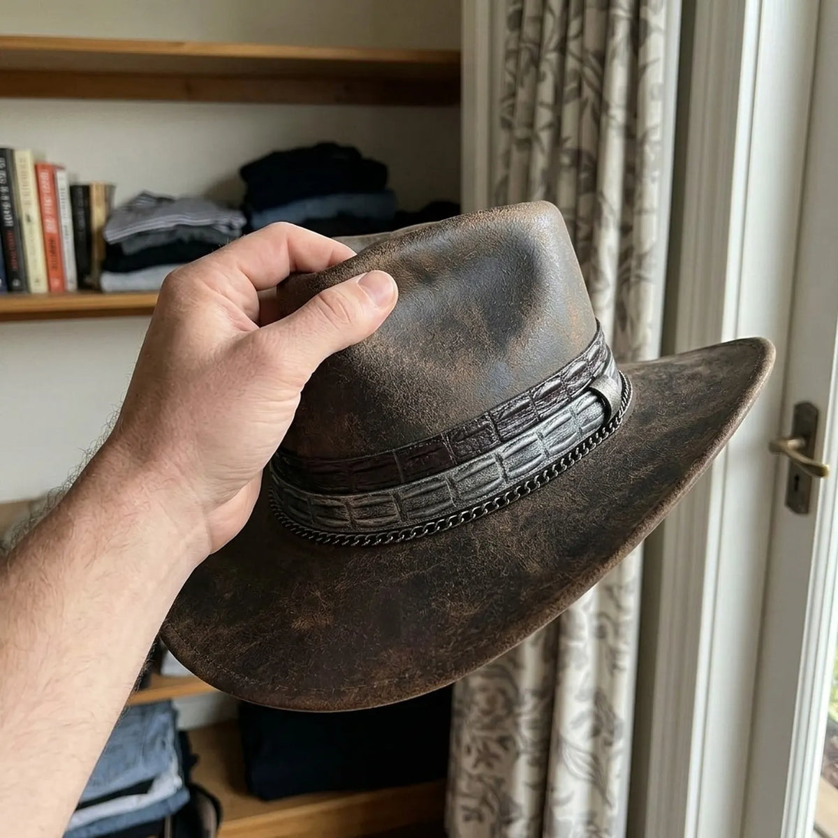 Distressed Brown Leather Cowboy Hat with Chain Accent Band