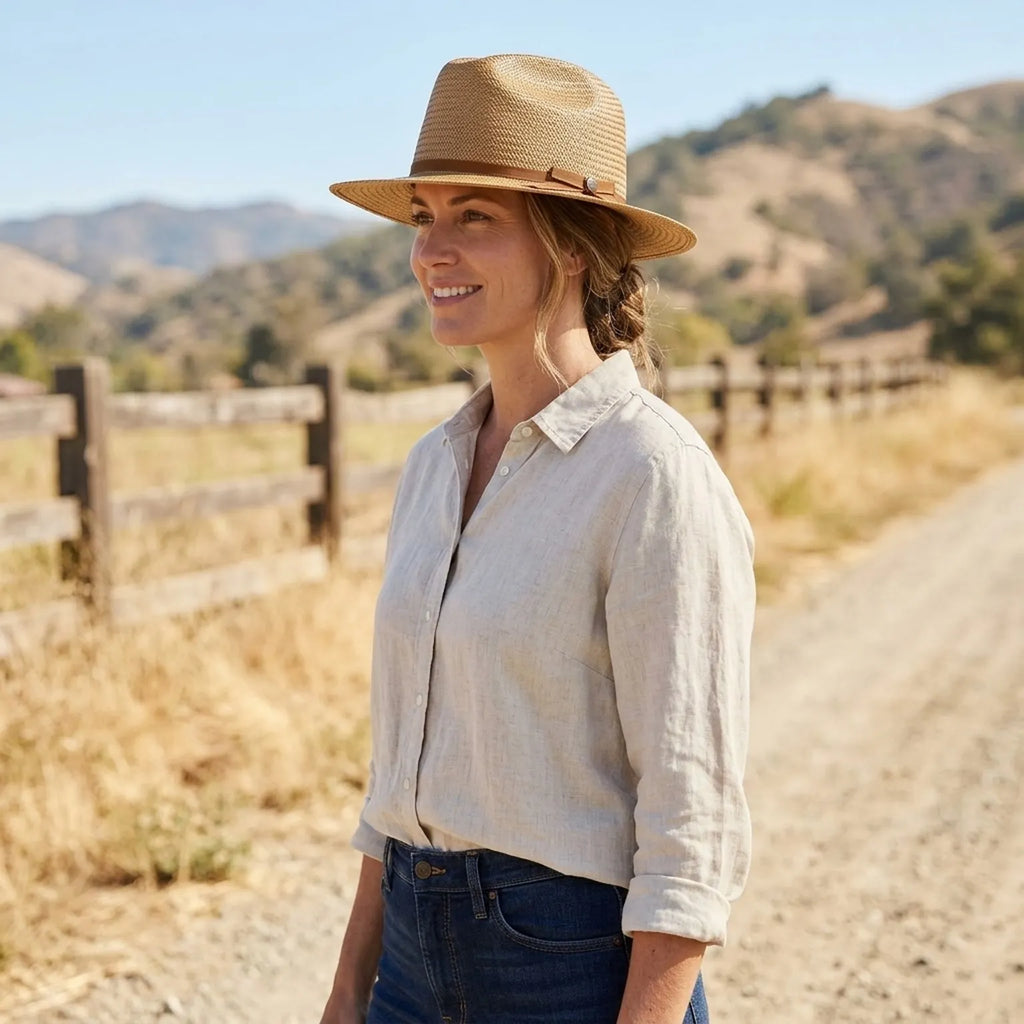 Golden Tan Herringbone Straw Fedora with Ribbon Bow Band