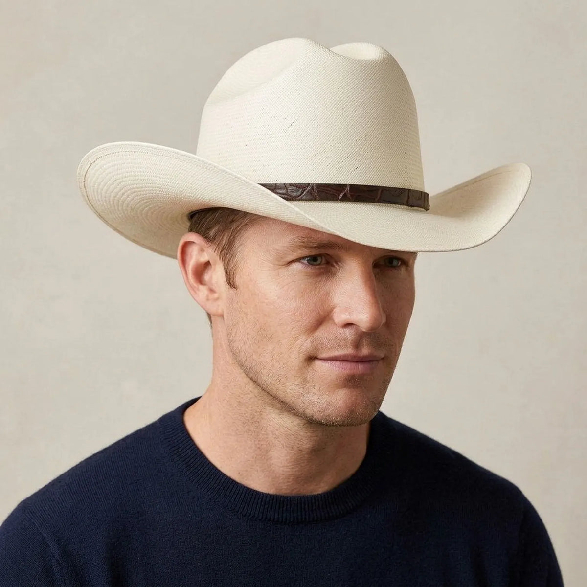 Ivory Straw Western Hat with Braided Brown Leather Band