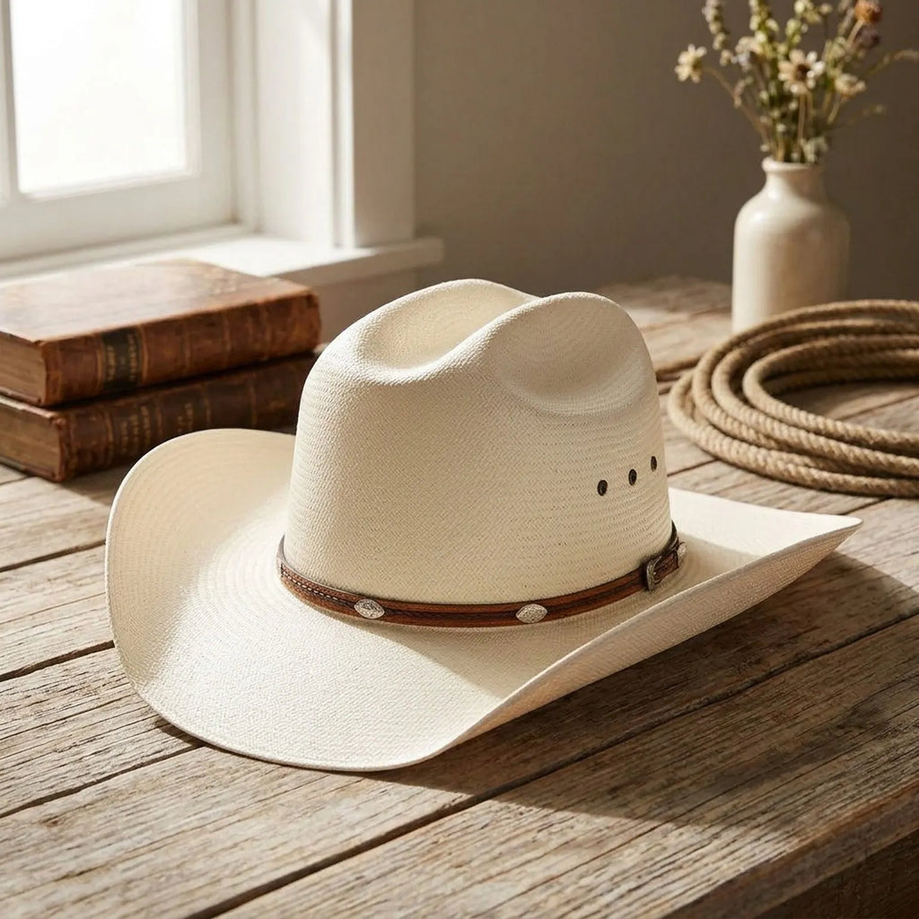 Unisex White Straw Cowboy Hat with Braided Leather Concho Band