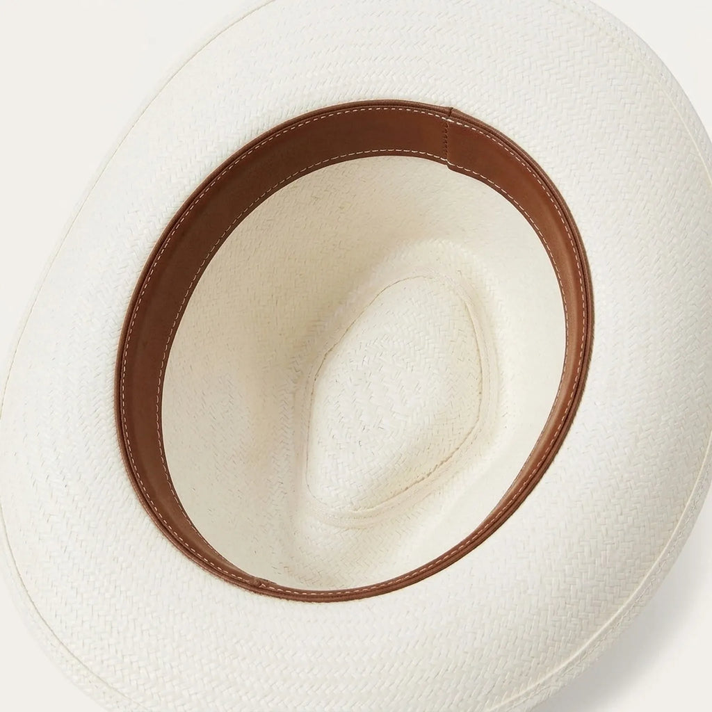 White Straw Fedora Hat with Braided Brown Leather Band Detail