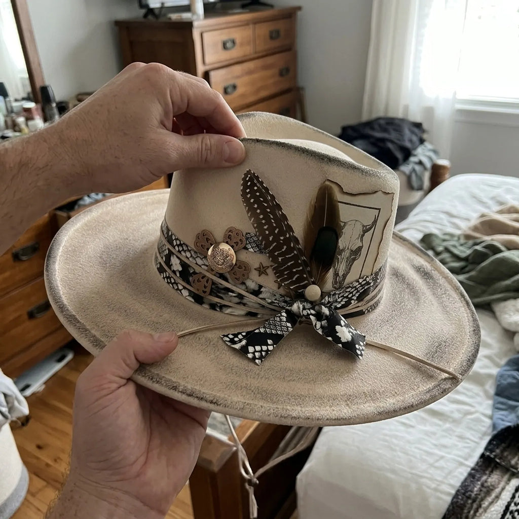Vintage Cream Fedora with Snake Band, Feathers and Bull Card