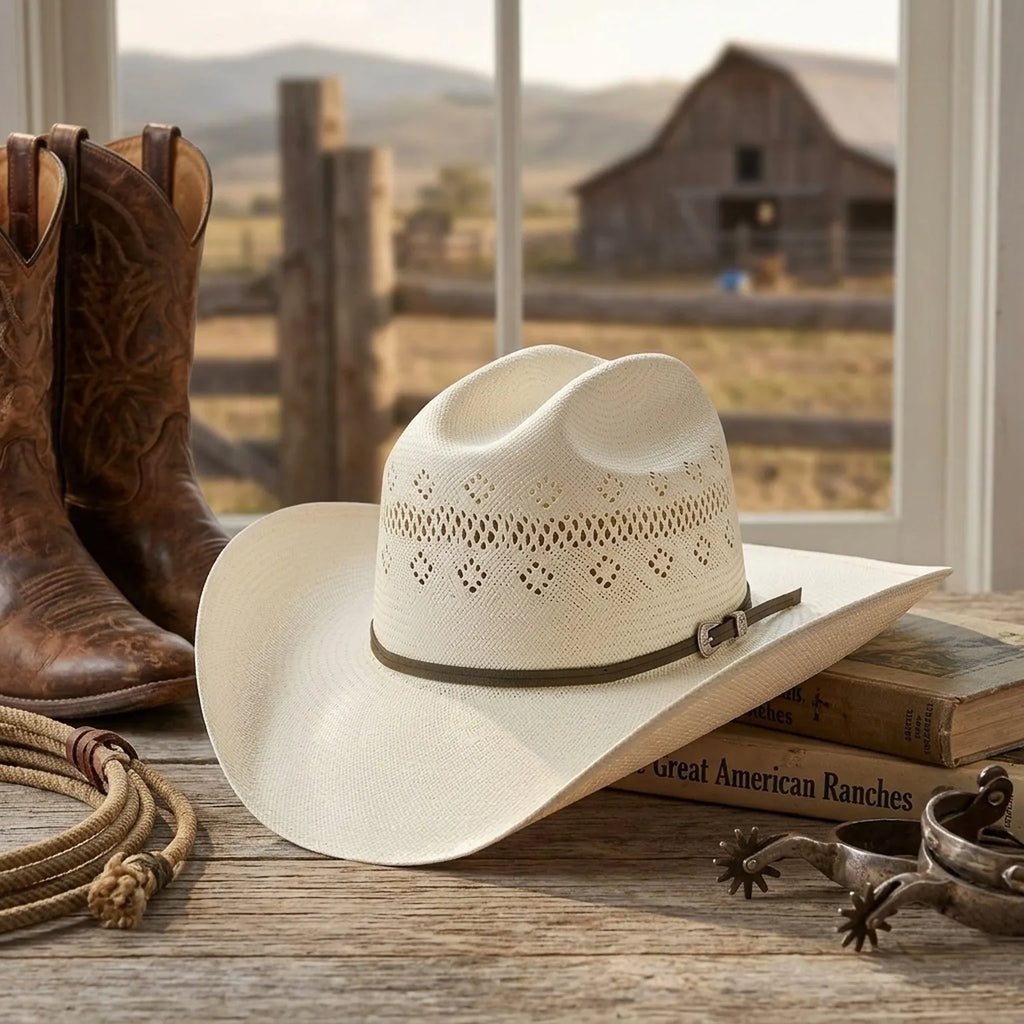 Cream Open-Weave Straw Western Hat with Brown Ribbon Band