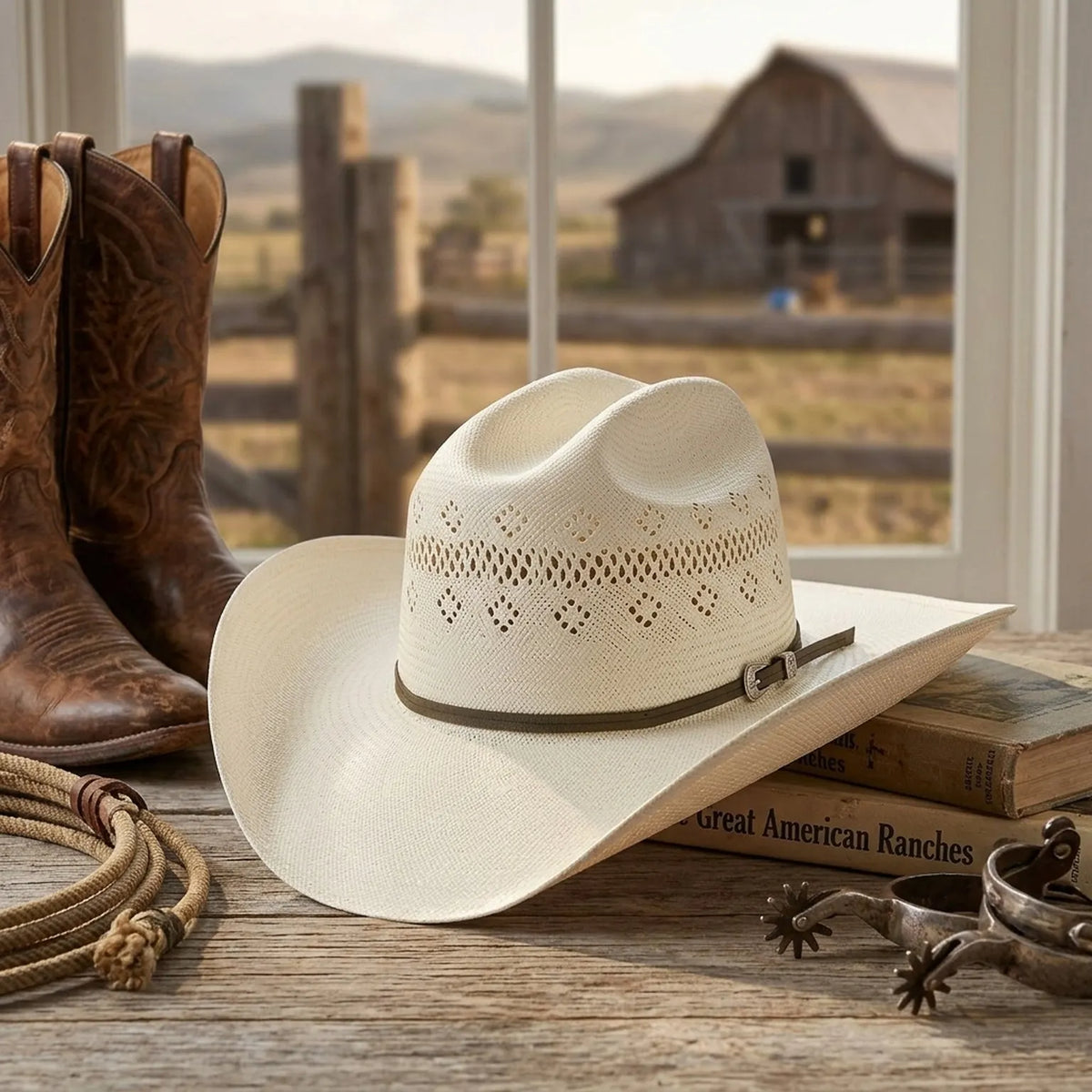 Cream Open-Weave Straw Western Hat with Brown Ribbon Band