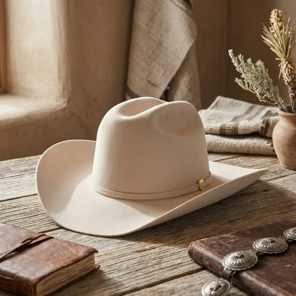 Cream Felt Cowboy Hat with Pinched Crown and Curved Brim