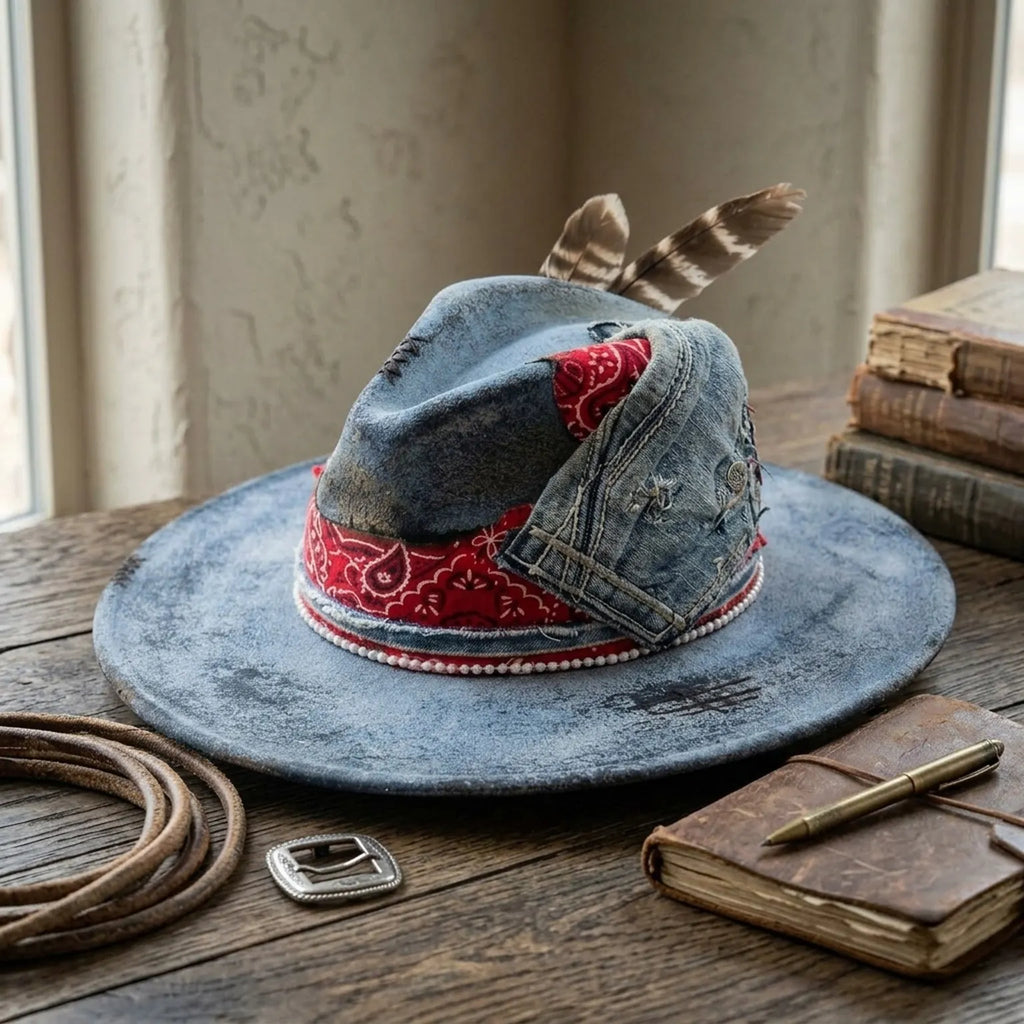 Blue Grey Distressed Felt Fedora with Denim Patch Bandana