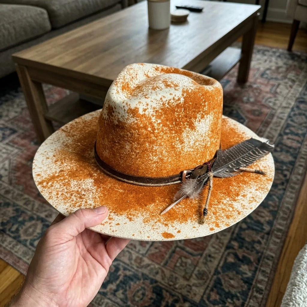 Splatter Orange Felt Fedora with Brown Feather and Leather Band