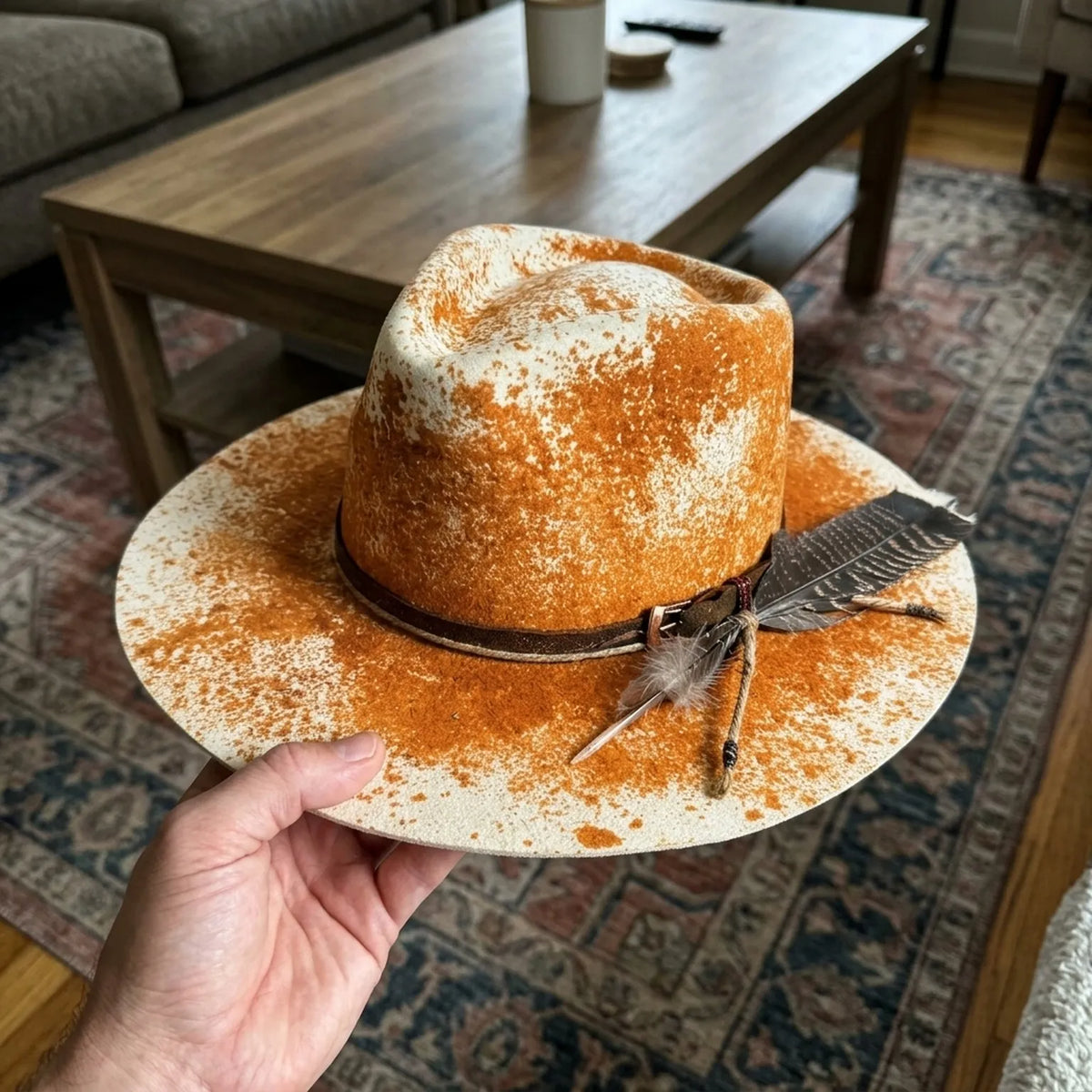 Splatter Orange Felt Fedora with Brown Feather and Leather Band