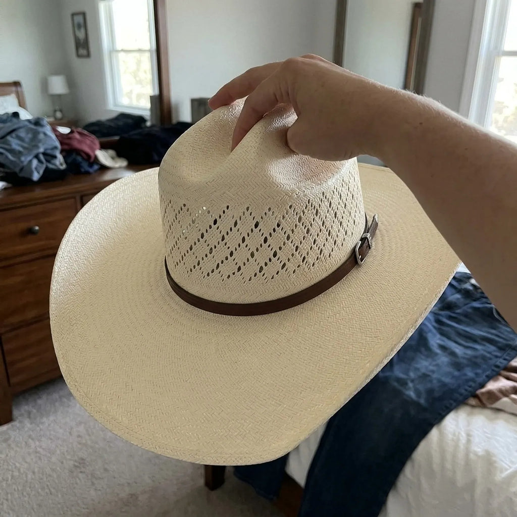 Cream Vented Straw Cowboy Hat with Brown Leather Buckle Band