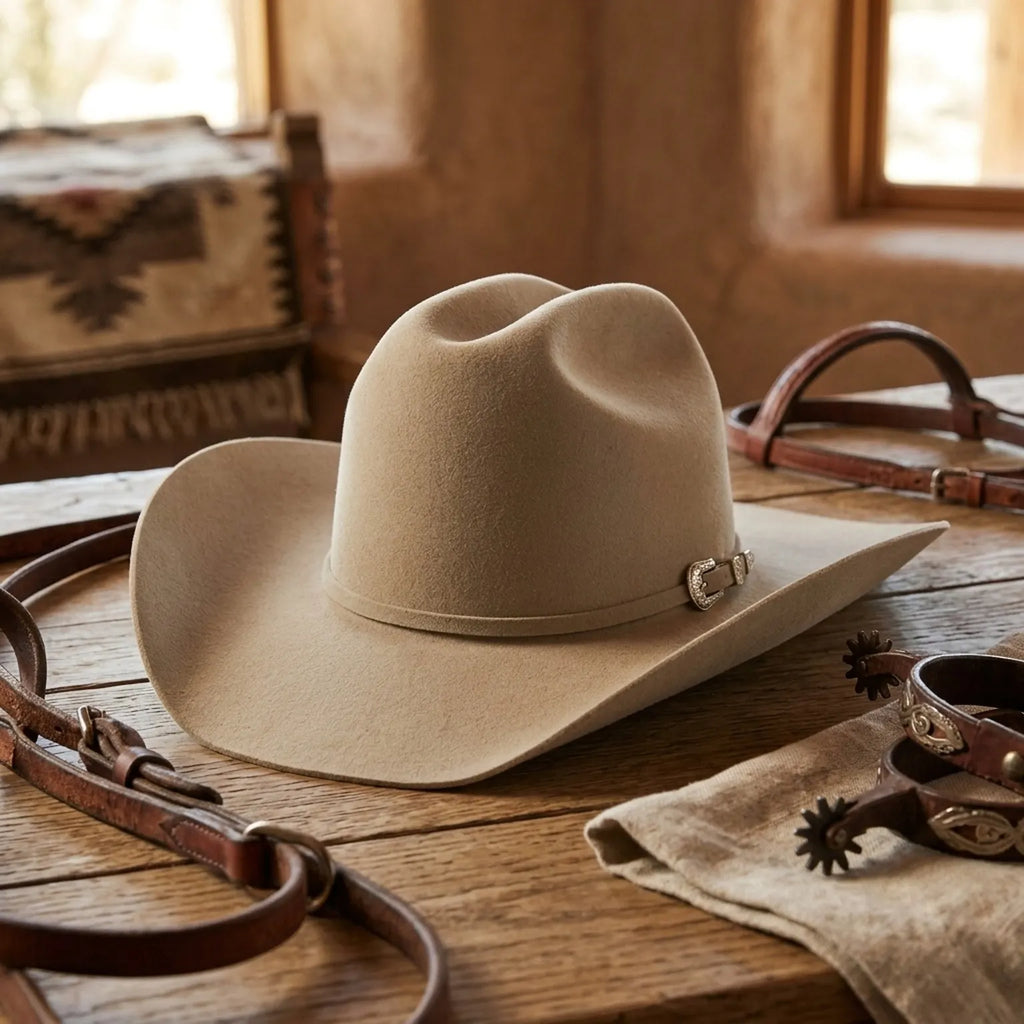 Camel Felt Cowboy Hat with Pinched Crown and Curved Brim