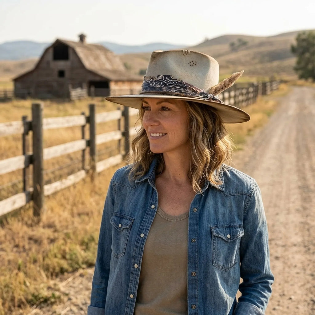 Beige Distressed Western Hat with Paisley Band and Feather