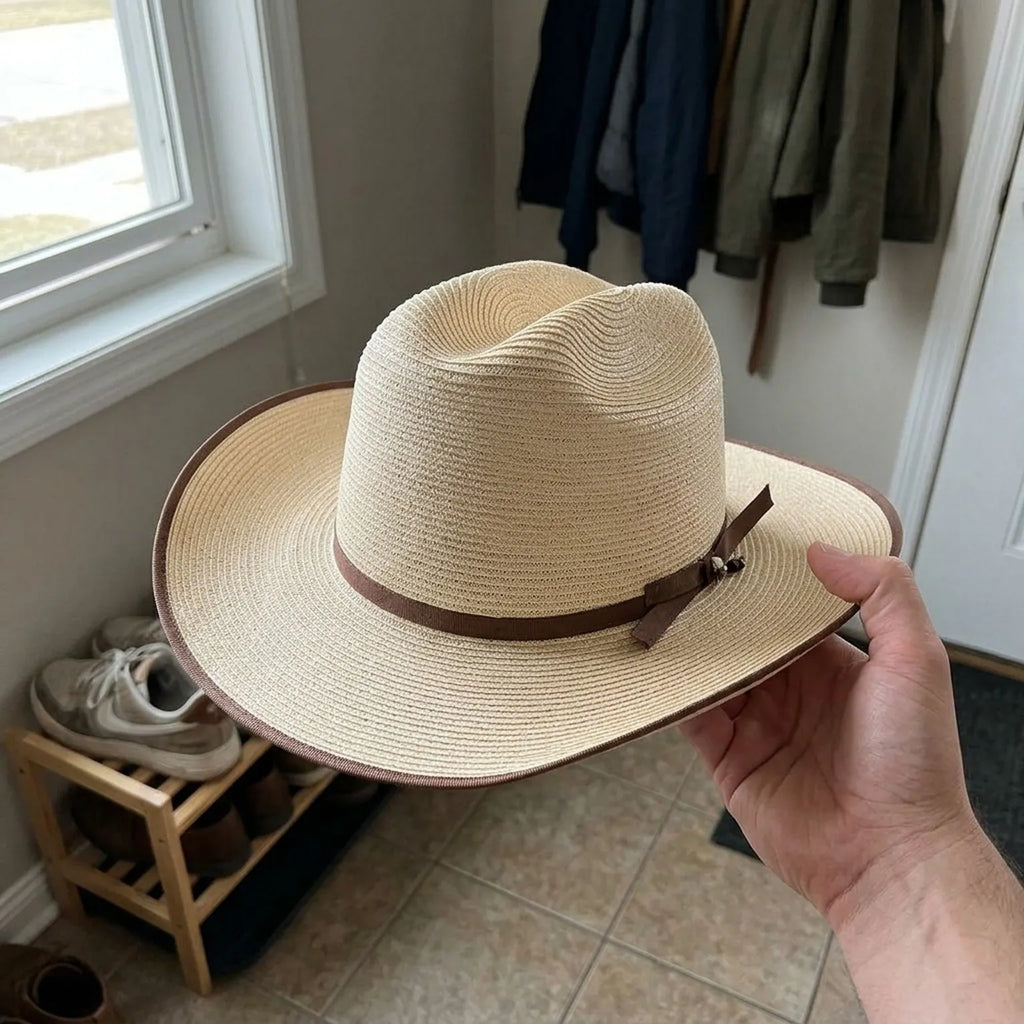 Cream Straw Western Hat with Brown Trim and Ribbon Band