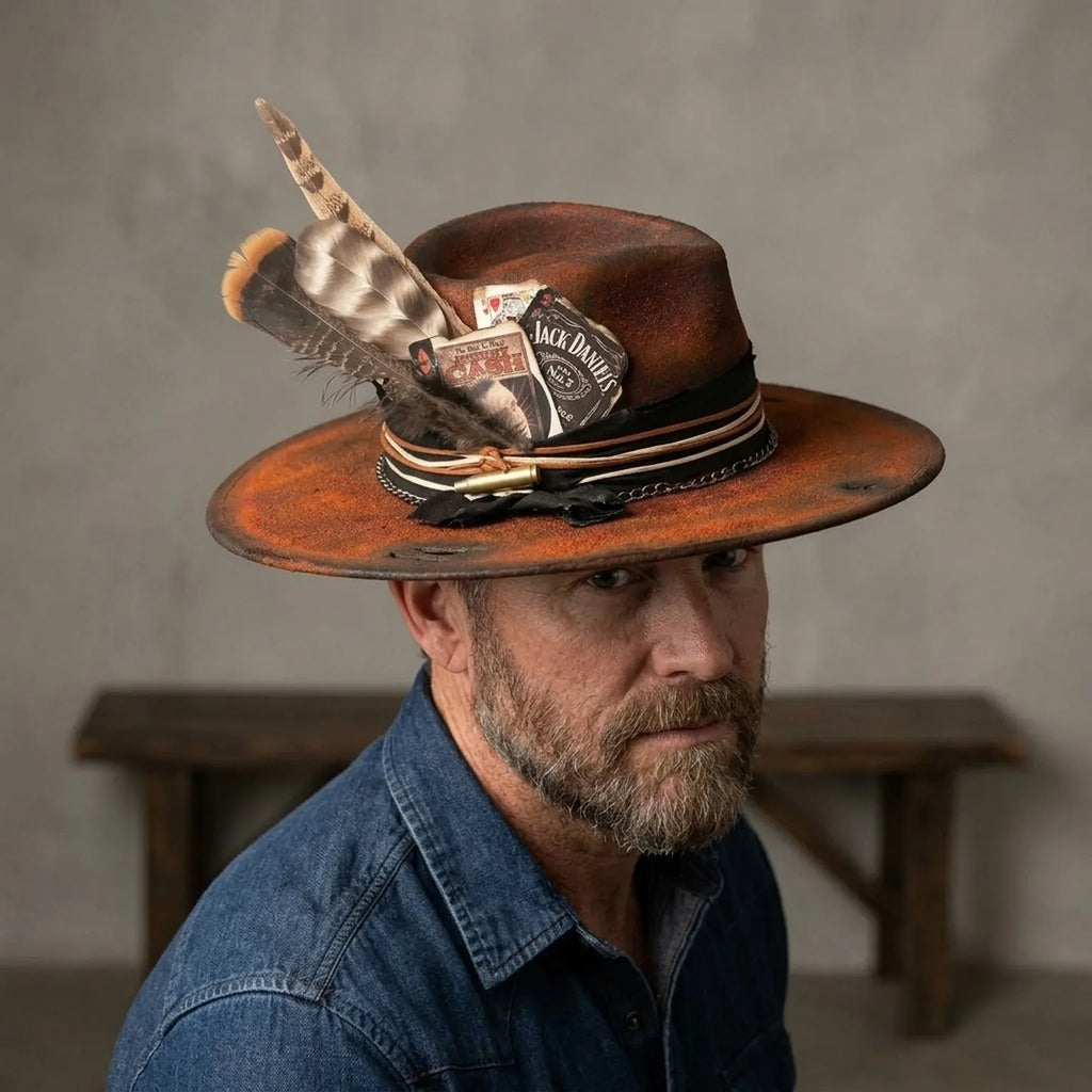 Rust Fedora with Musician Cards, Feathers and Bullet Casing