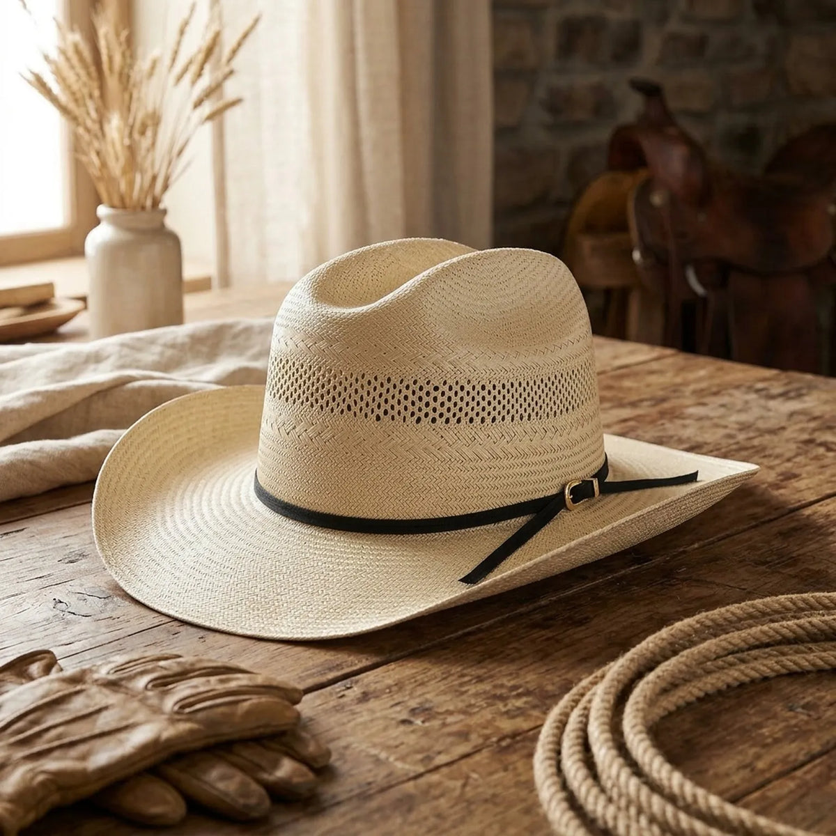 Natural Straw Cowboy Hat with Perforated Crown