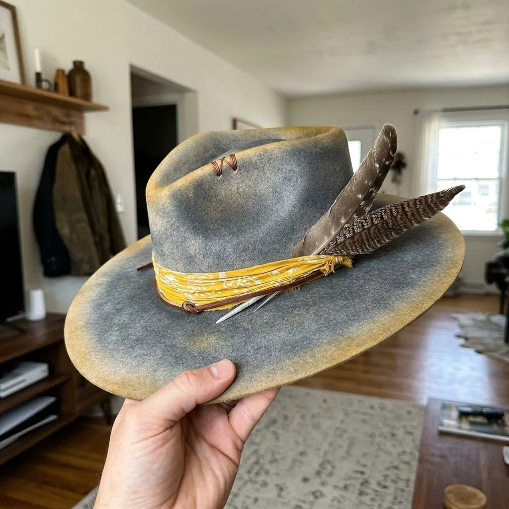 Grey Felt Fedora with Yellow Band and Barred Feathers