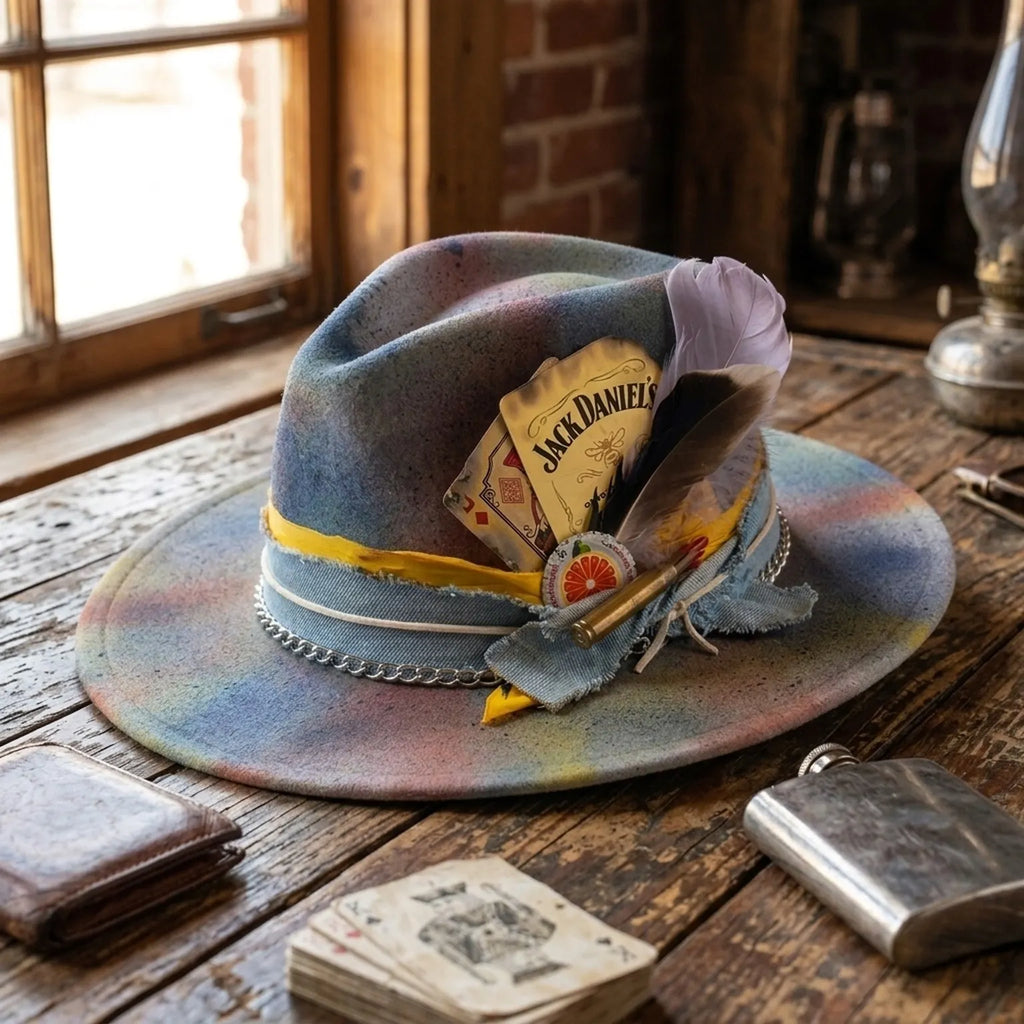 Multicolor Tie Dye Fedora with Jack Daniels Card Bullet and Chain