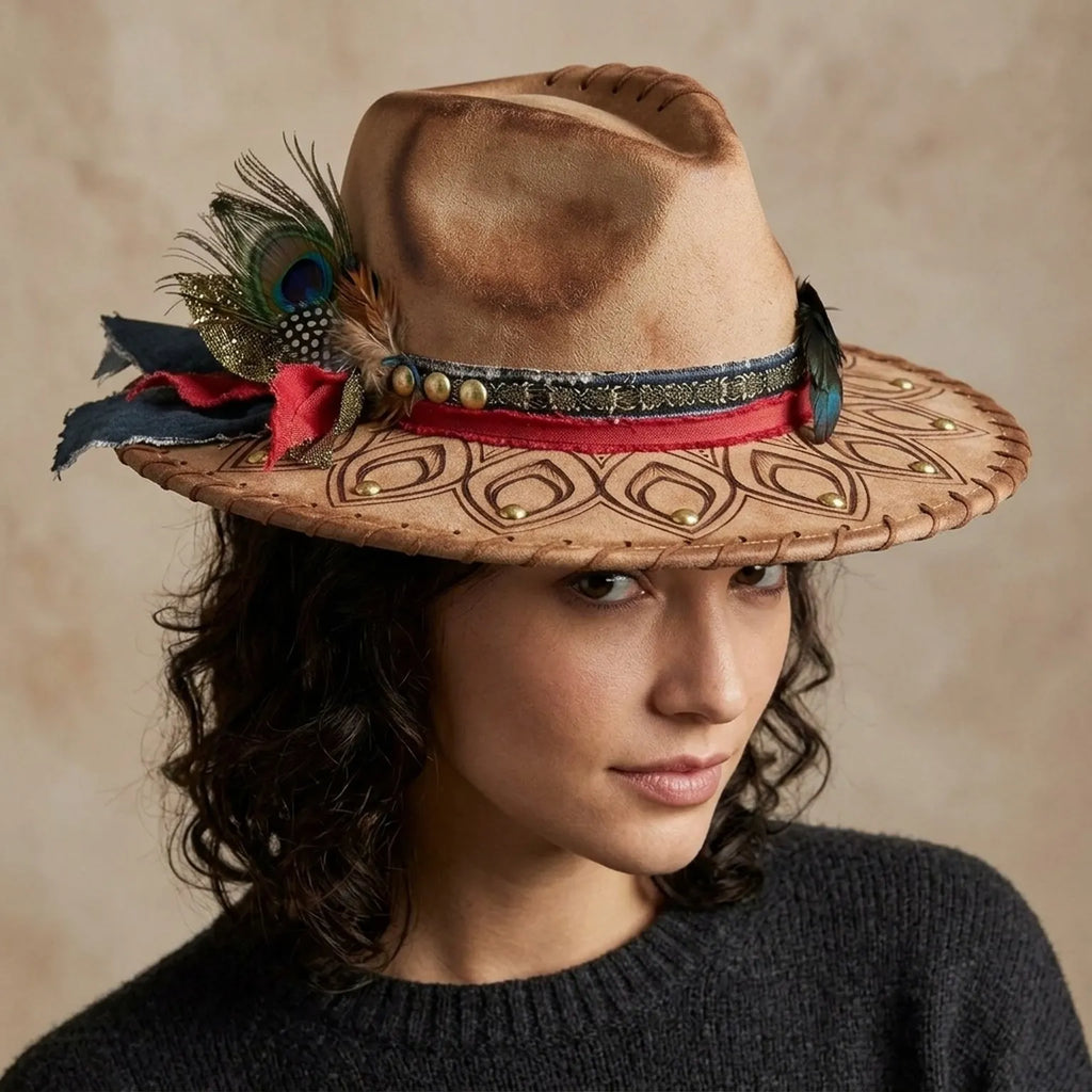 Tan Festival Cowboy Hat with Mandala Pattern and Gold Studs