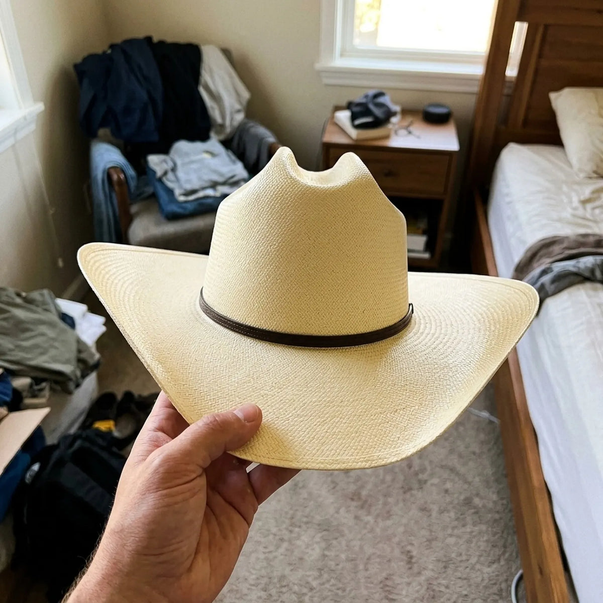 Natural Straw Cowboy Hat with Thin Dark Leather Band