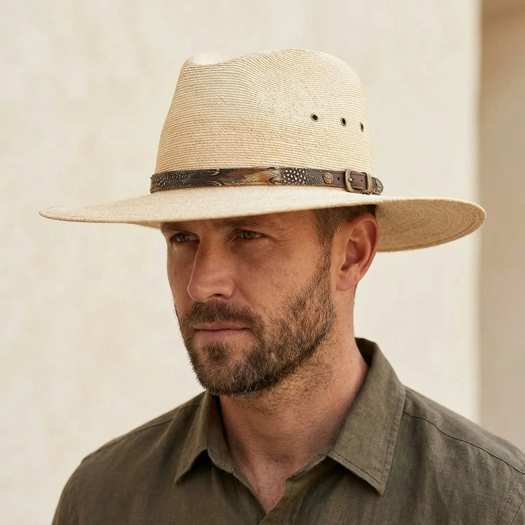 Natural Tan Straw Sun Hat with Simple Leather Band