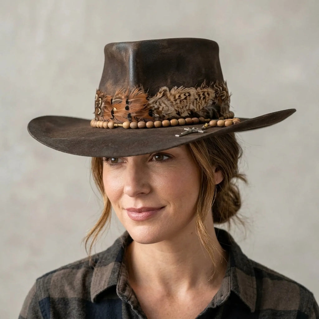 Brown Western Hat With Feather Band Rosary Cross Vintage Ranch Style