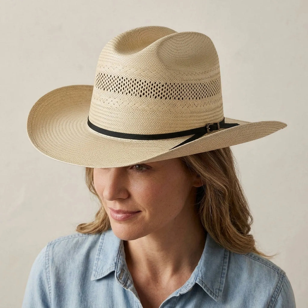 Natural Straw Cowboy Hat with Perforated Crown