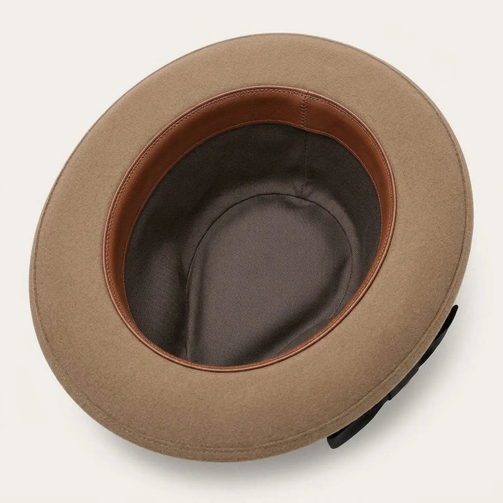 Camel Felt Fedora Hat with Black Grosgrain Band and Pinch Crown