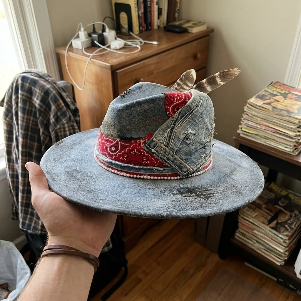 Blue Grey Distressed Felt Fedora with Denim Patch Bandana