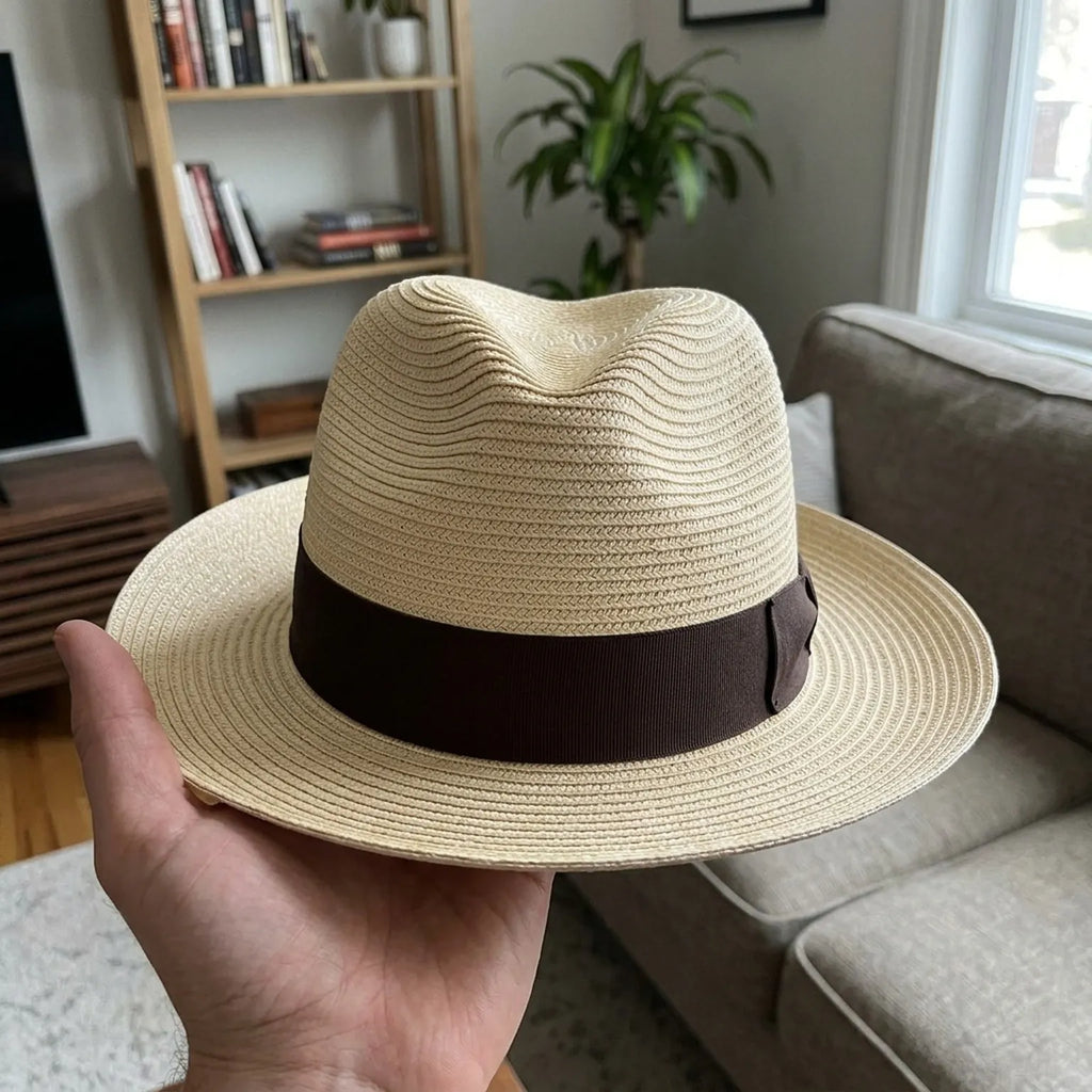 Unisex Classic Straw Panama Hat with Brown Ribbon Band for Sun