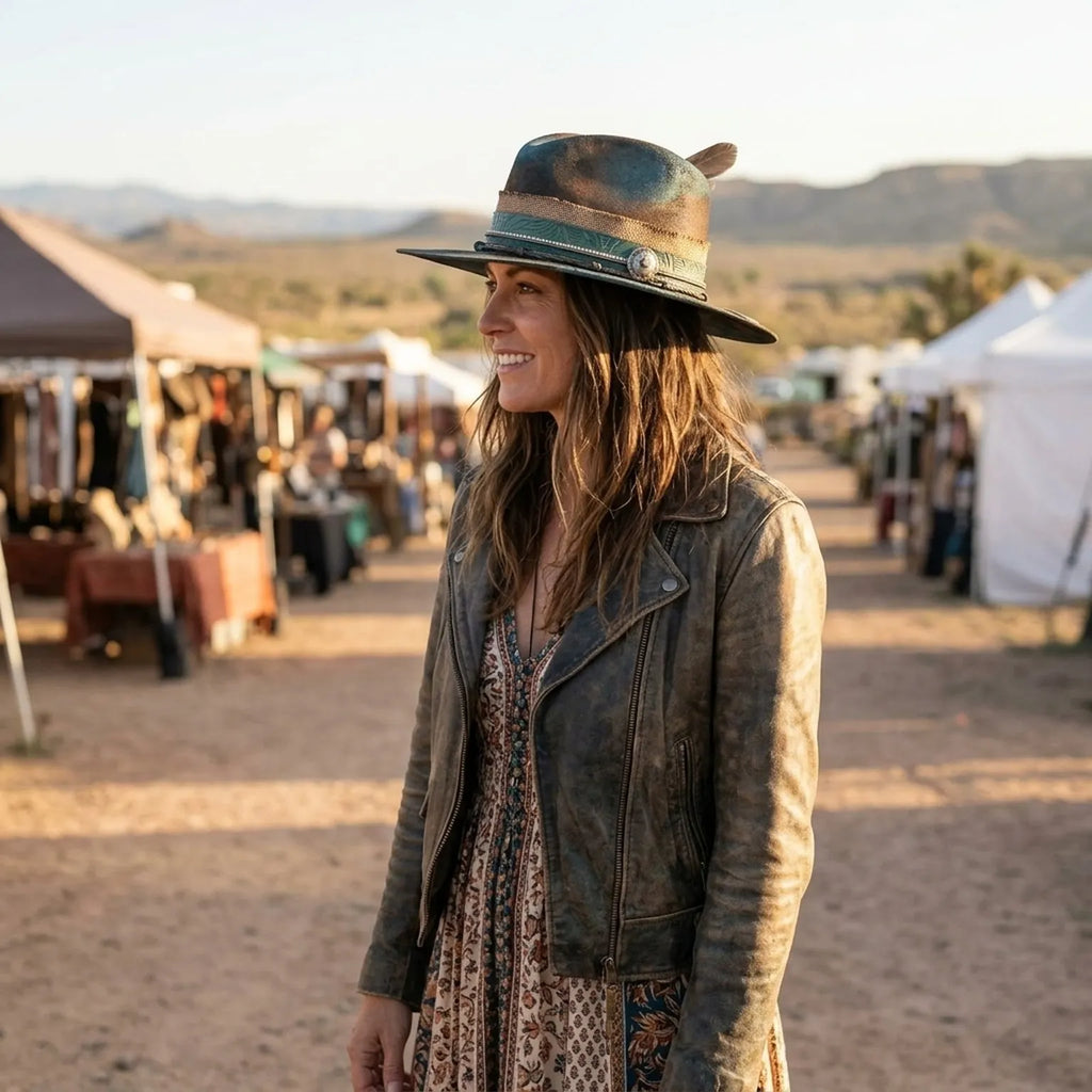 Aged Teal Distressed Fedora with Burlap Band, Concho and Coin