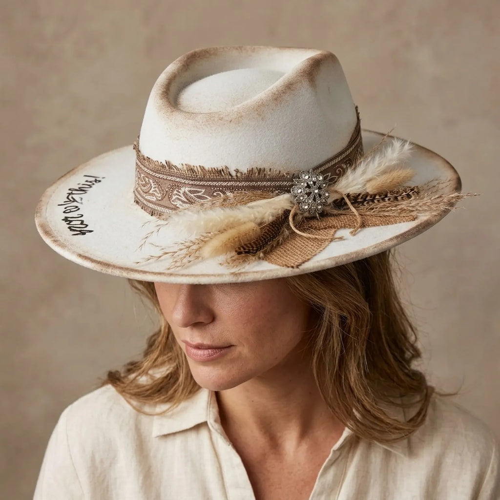 Cream Distressed Felt Fedora with Paisley Band Dried Plumes