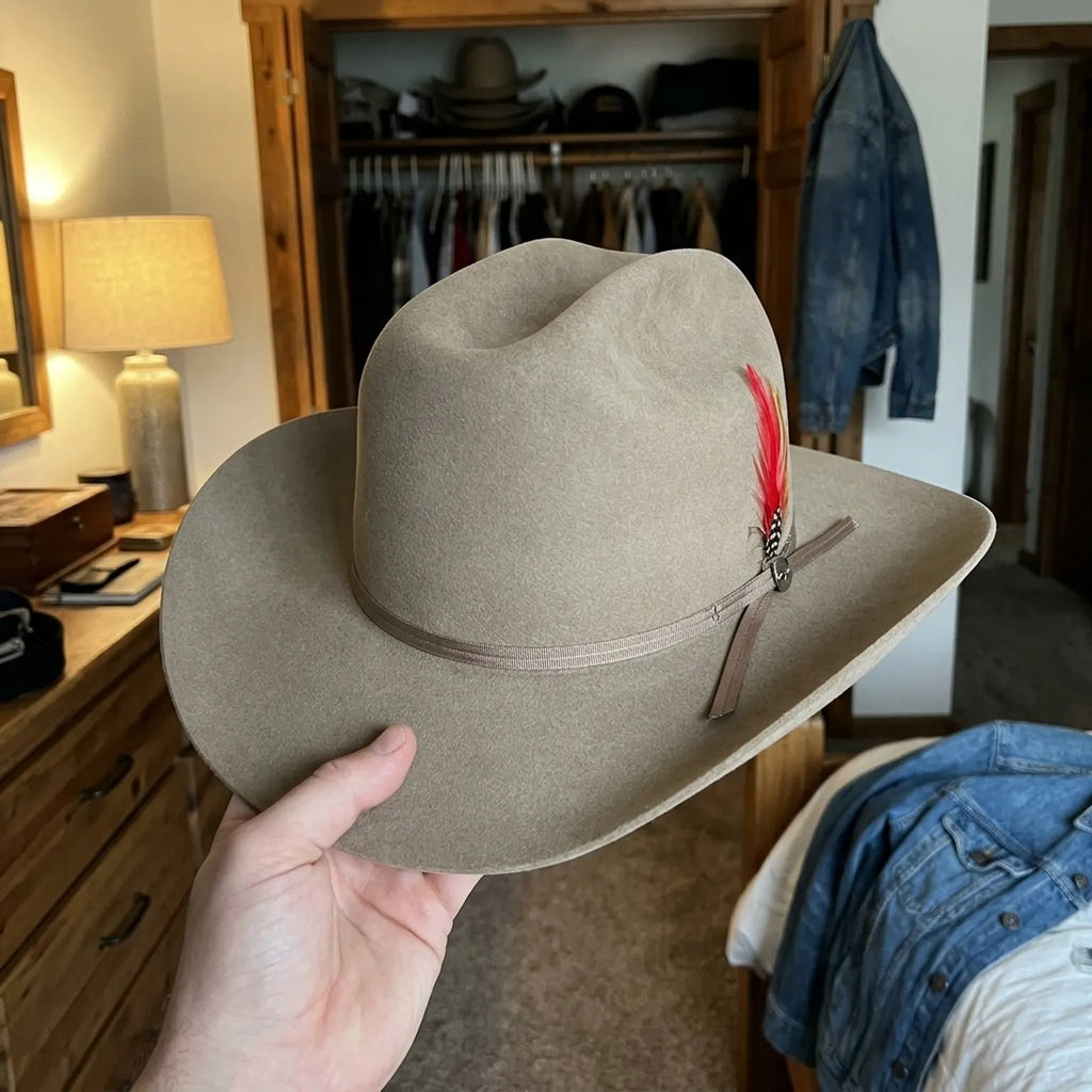 Beige Wool Felt Cowboy Hat with Ribbon Band and Feather Accent