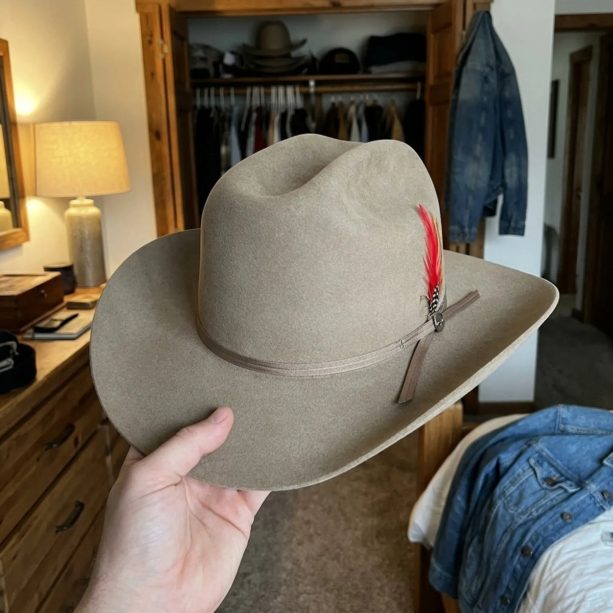 Beige Wool Felt Cowboy Hat with Ribbon Band and Feather Accent