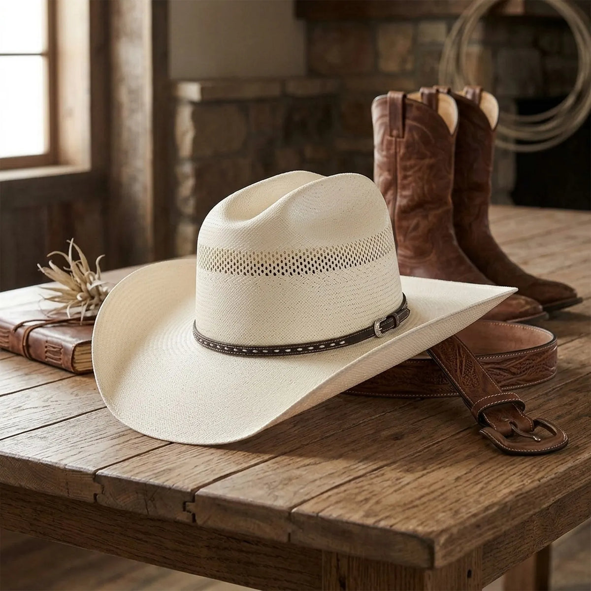 Vented Cream Straw Cowboy Hat with Braided Hatband Trim