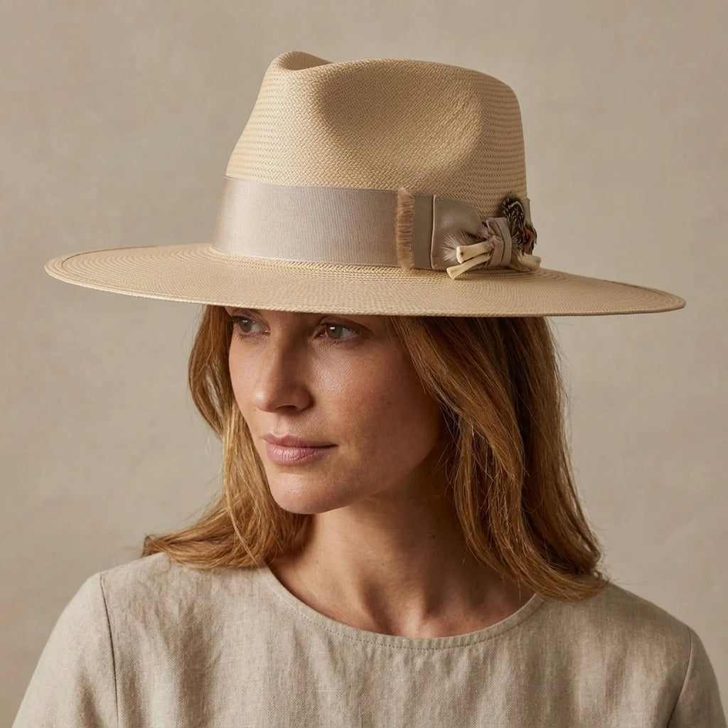 Unisex Beige Wide Brim Straw Fedora with Satin Feather Band