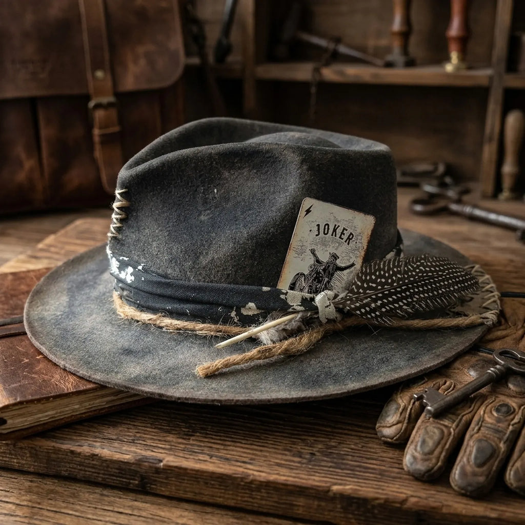 Charcoal Felt Western Hat with Joker Card and Spotted Feather