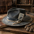 Charcoal Felt Western Hat with Joker Card and Spotted Feather