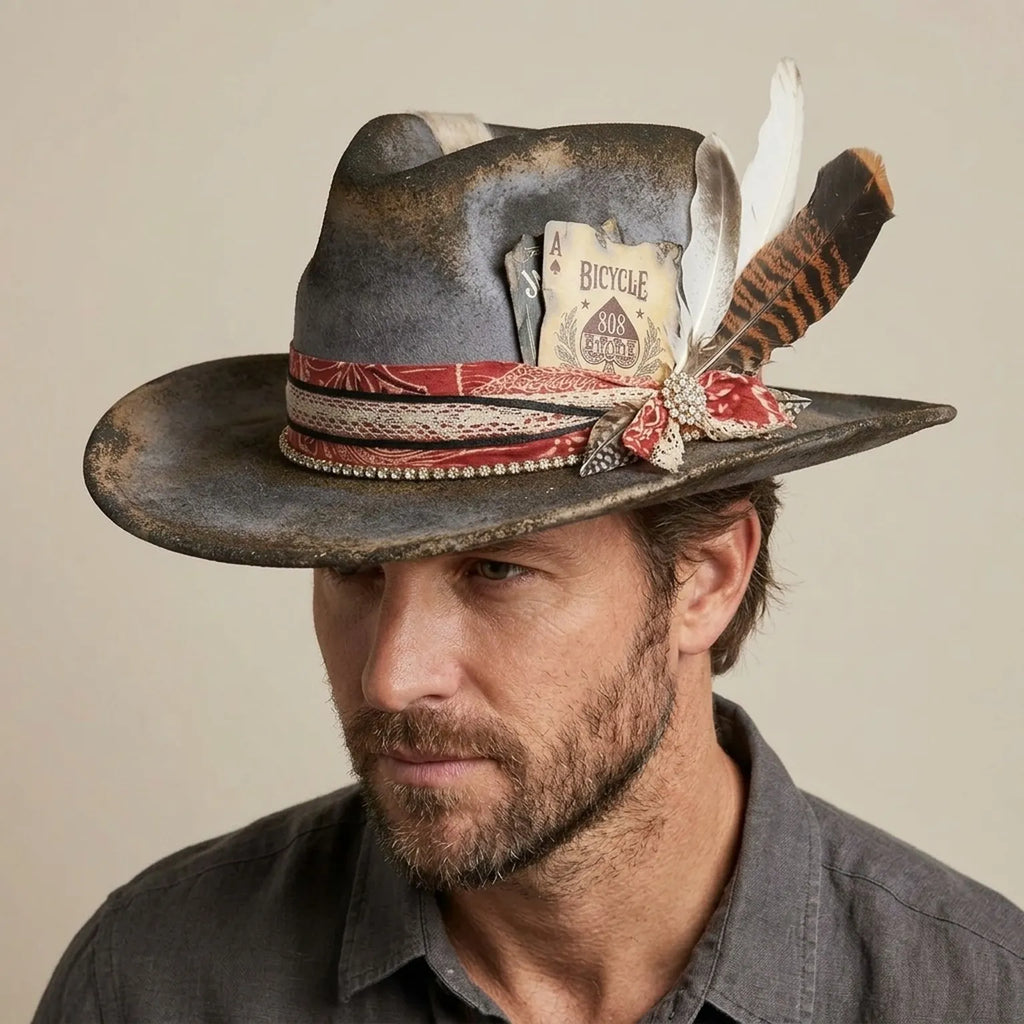 Western Fedora with Bicycle Card, Bandana and Feathers
