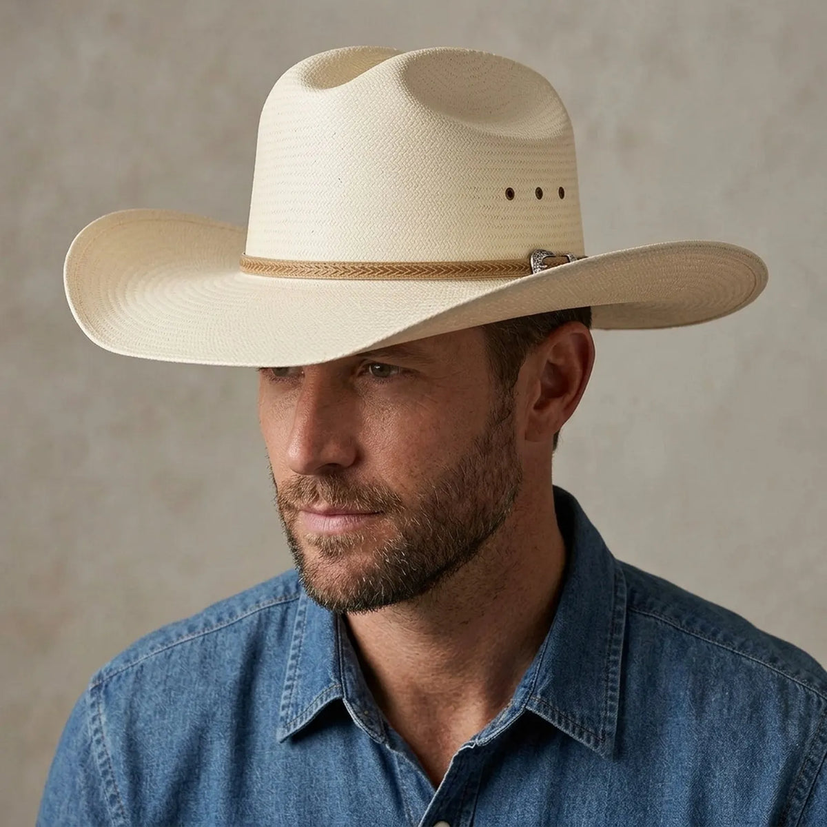 Cream Straw Cowboy Hat with Braided Leather Hatband Detail