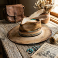 Weathered Tan Fedora with Turquoise Beads and Feather Band