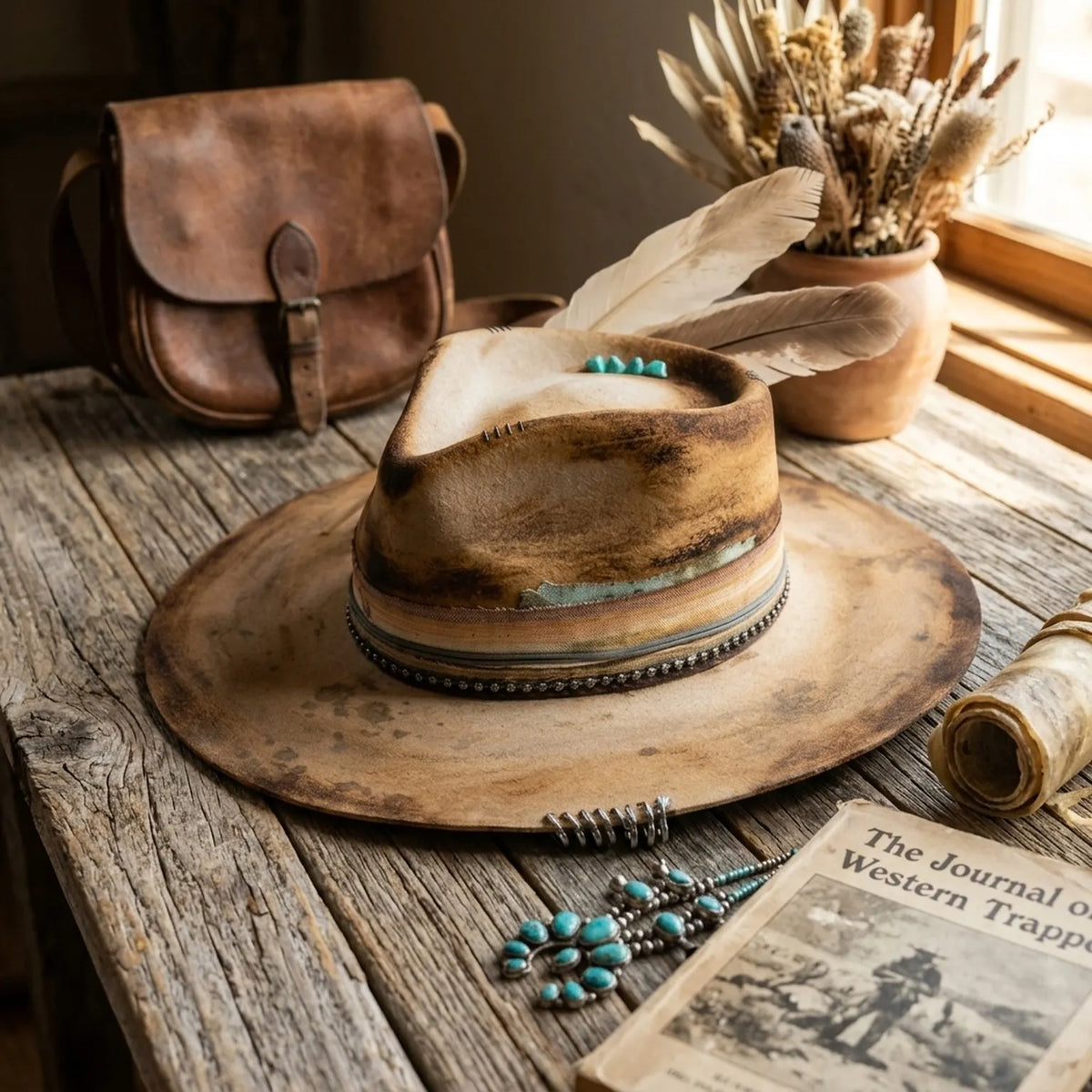 Weathered Tan Fedora with Turquoise Beads and Feather Band