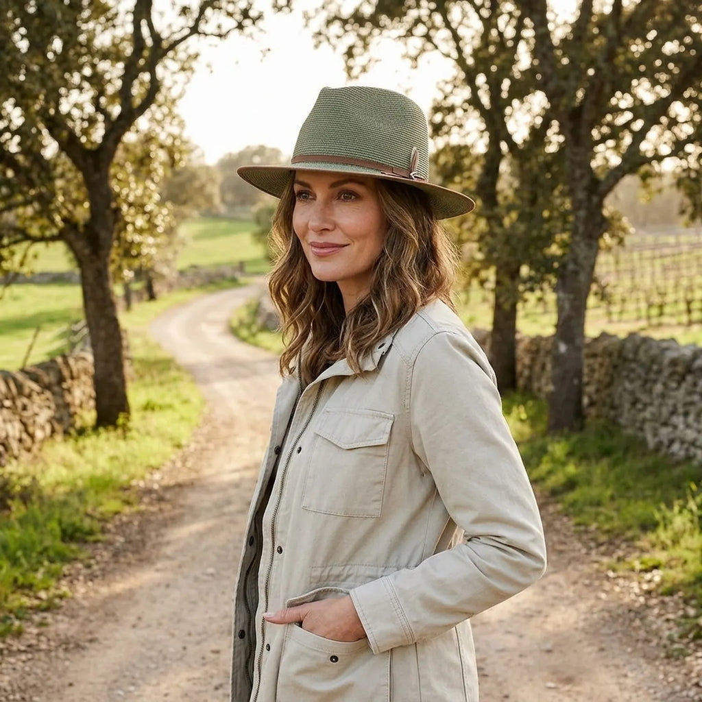 Sage Green Straw Fedora with Leather Buckle Detail
