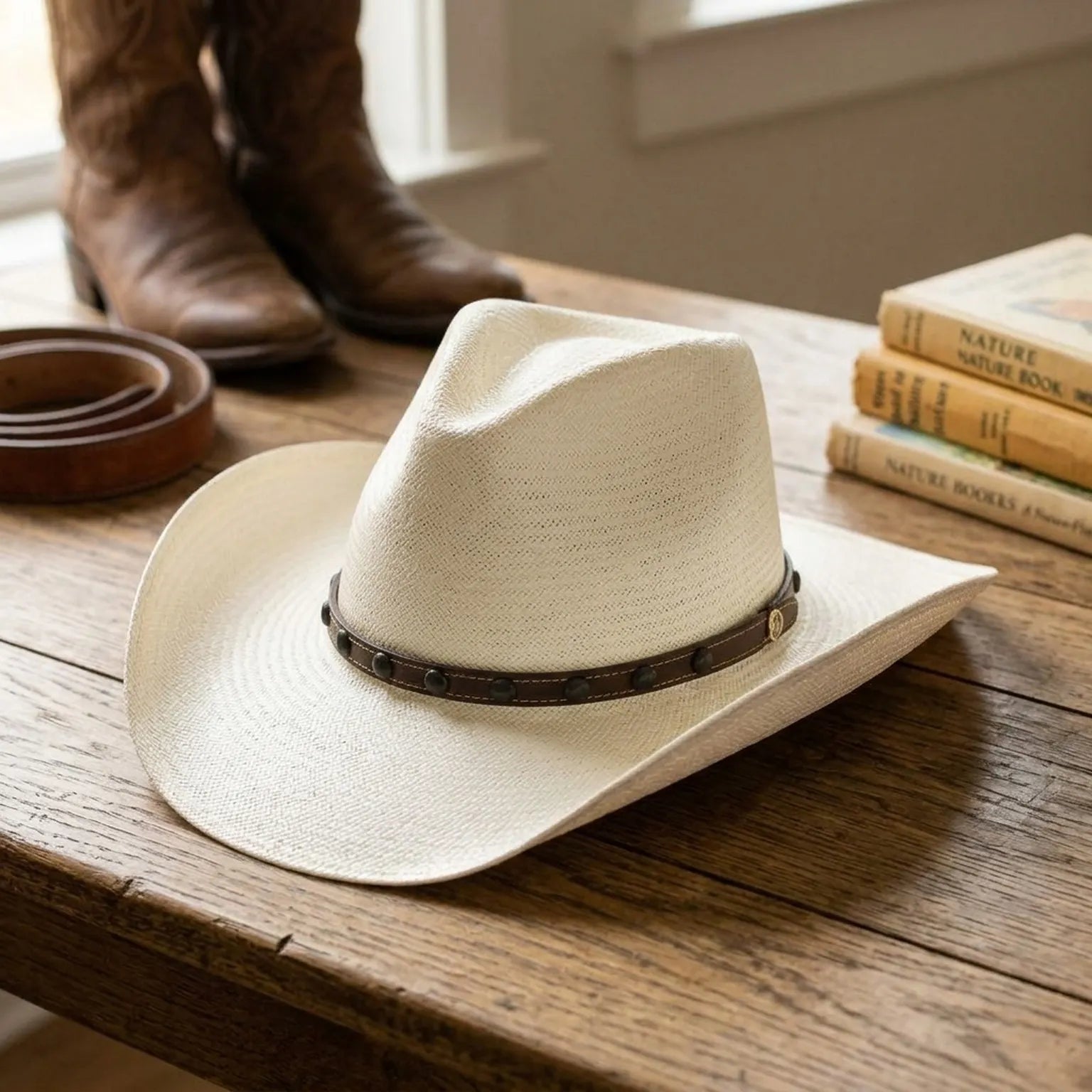 Unisex White Straw Cowboy Hat with Studded Leather Band Detail