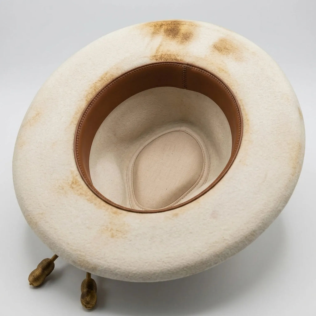 Distressed Cream Felt Fedora Gold Cord Band Knot Tassel