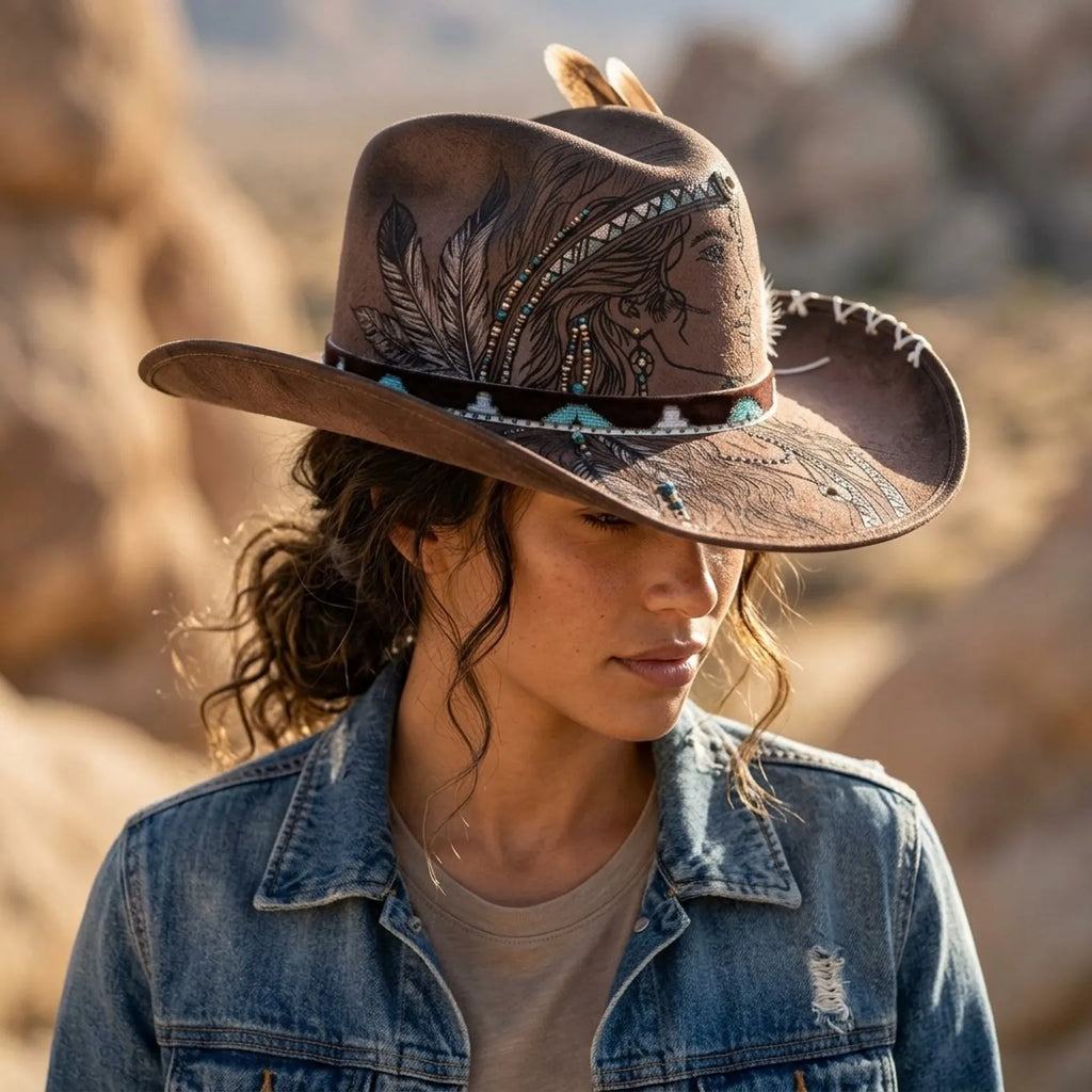 Brown Cowboy Hat with Portrait Etching and Beaded Feather Band