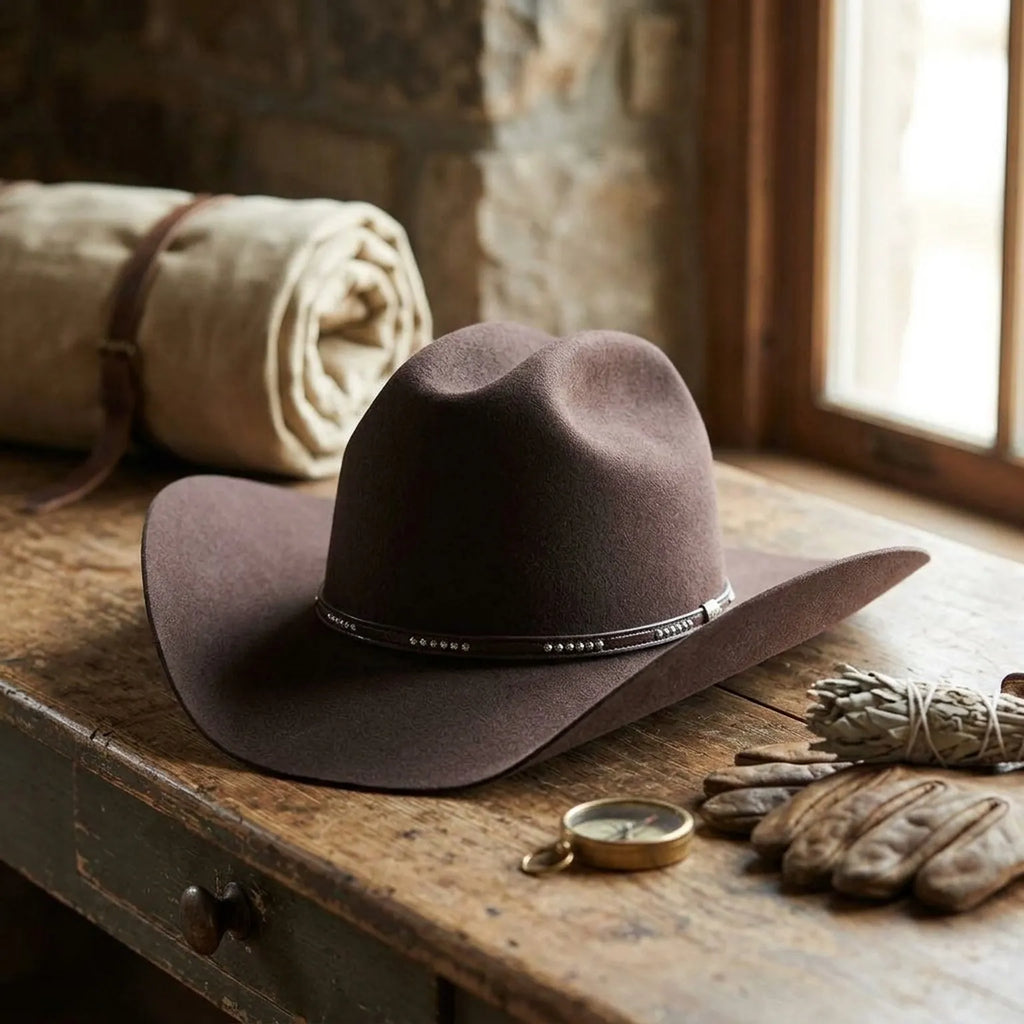 Dark Brown Felt Cowboy Hat with Rhinestone Embellished Band