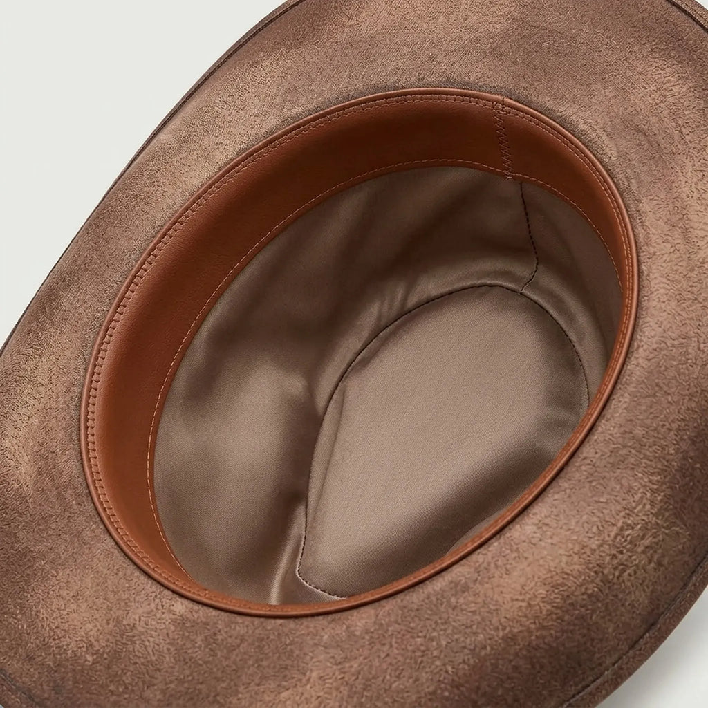 Brown Cowboy Hat with Butterfly Etching and Turquoise Feather Fan