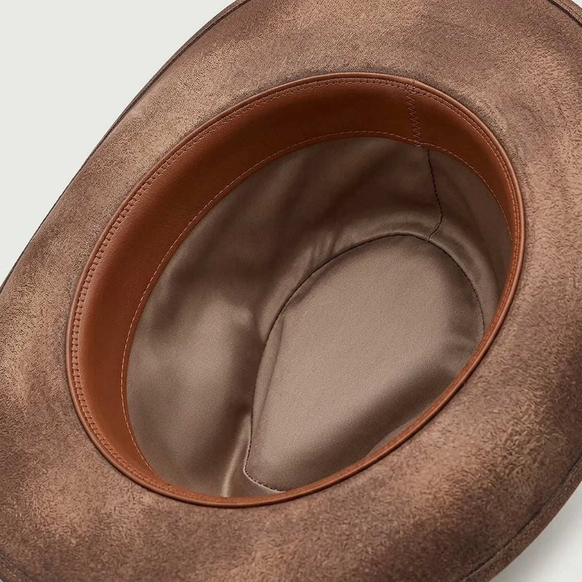 Brown Cowboy Hat with Butterfly Etching and Turquoise Feather Fan